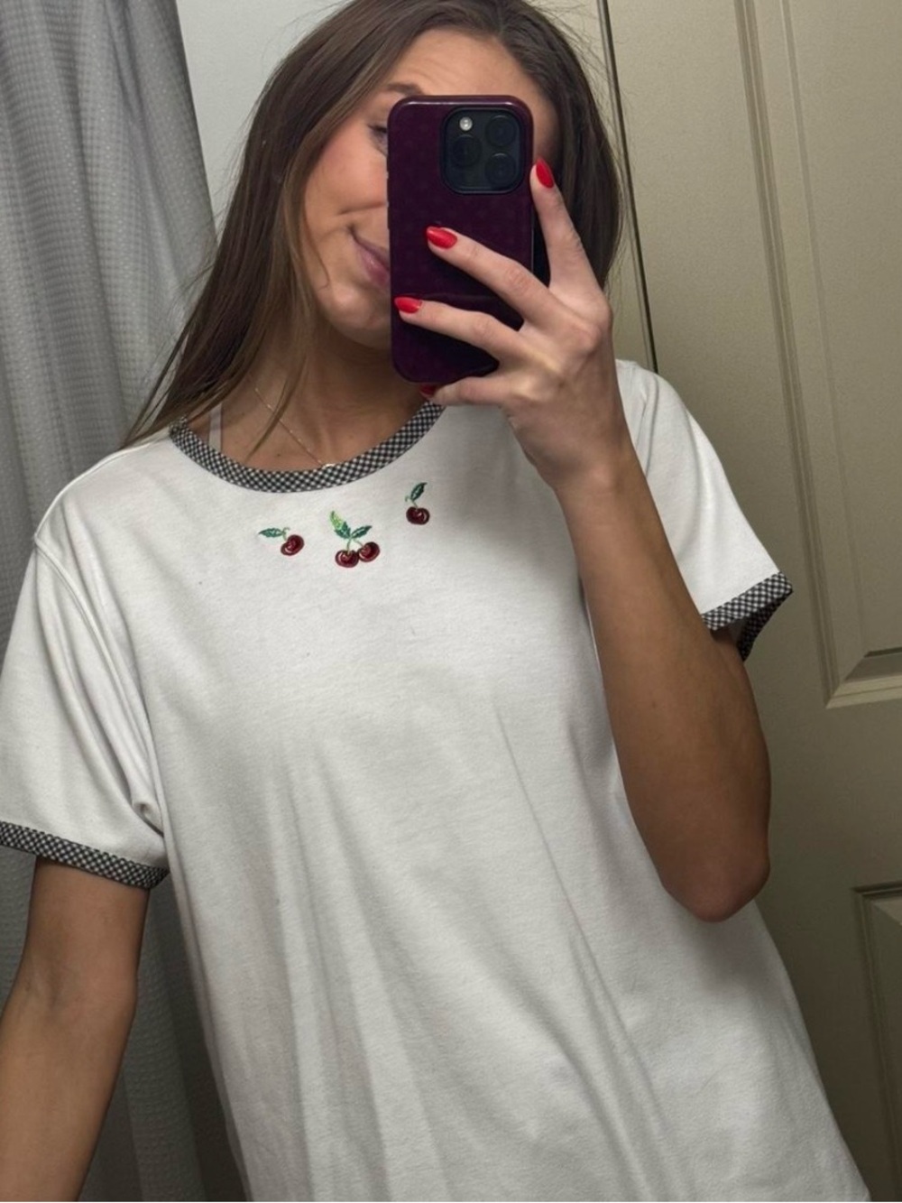 Blair White Cherry Embroidered Tee with Gingham Trim